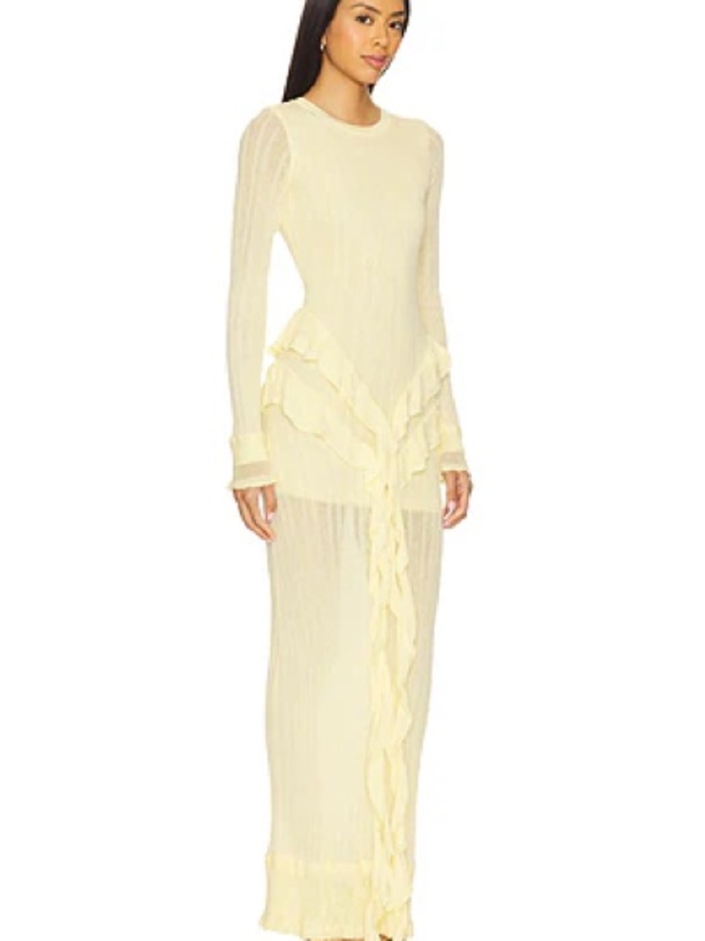 Yllw the label Presley knit butter Cream Ruffle-Detail Long Sleeve Maxi Dress